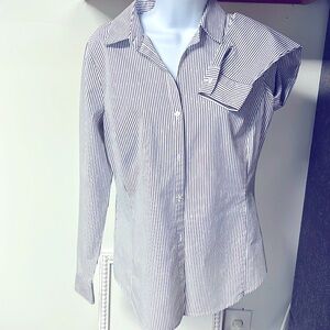 Button down dress shirt/blouse. Blk/White pin striped, button sleeves
